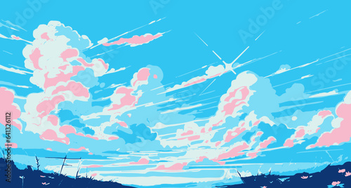 Bright cloudscape with a glowing star overhead. Vector illustration in cartoon anime style with retrofuturistic vaporwave vibe.