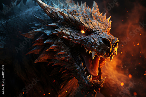 Ferocious fire-breathing dragon close-up, a scary mystical creature