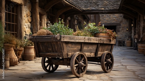 Rustic wheeled cart in an old plank room in the countrysi. Generative AI.