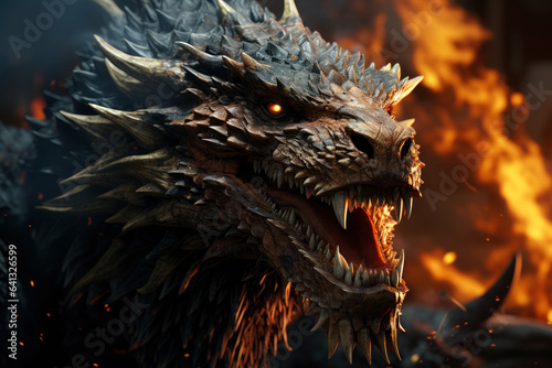 Ferocious fire-breathing dragon close-up, a scary mystical creature © staras