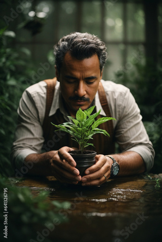The man who takes care of the small plant