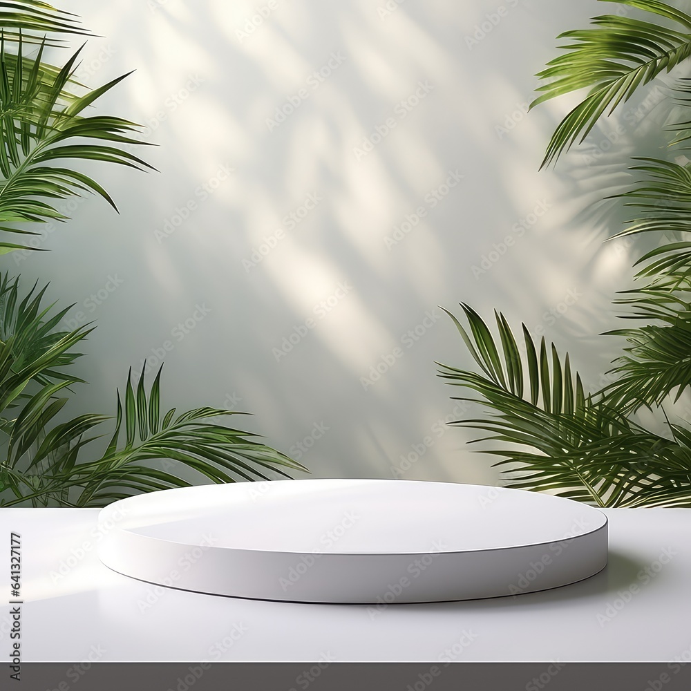White product display stand background with sunlight and leaves White product display stand background with sunlight and leaves