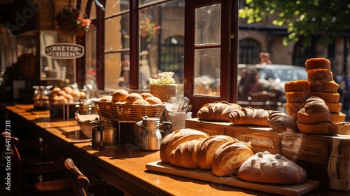  Rustic outdoor bakery and coffee shop with hot pastries and tables for patrons. Handmade bread Various loaves, baguettes. Rye, buckwheat, bran, gluten-free, wheat buns, sunny day