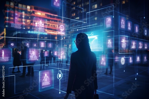 digital futuristic neon isometric technology realistic, biometrics identification data technology. generative AI