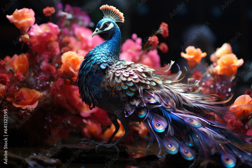 Obraz premium Beautiful colorful peacock with multicolored bright feathers in a blooming garden