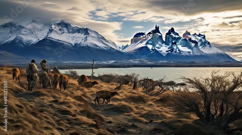 ancestral Onas and Selk'nam tribes inhabiting the Patagonia region, surrounded by lush vegetation and guanacos. capturing traditional life and the rich biodiversity of this landscape. Generative ai