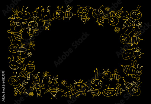 Funny Bees family. Beehive for your design. Horizontal frame with place for text