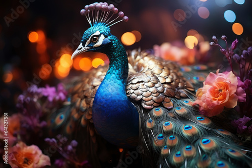 Beautiful colorful peacock with multicolored bright feathers in a blooming garden