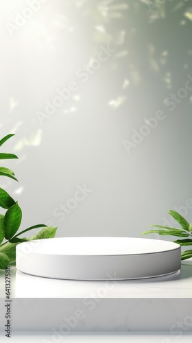 White product display stand background with sunlight and leaves
