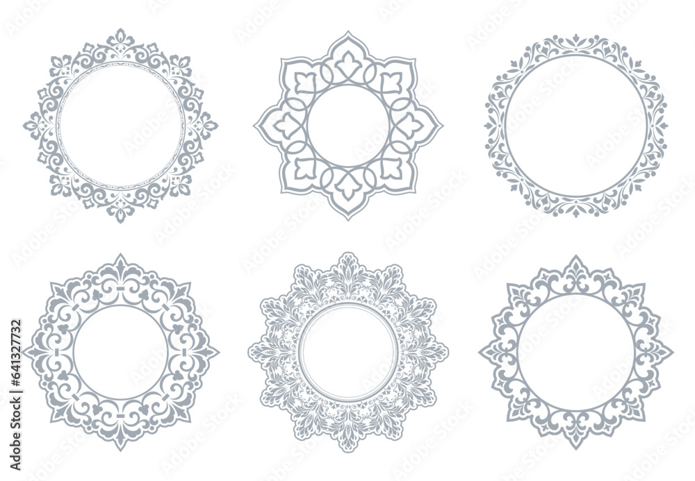 Set of decorative frames Elegant vector element for design in Eastern style, place for text. Floral gray and white borders. Lace illustration for invitations and greeting cards