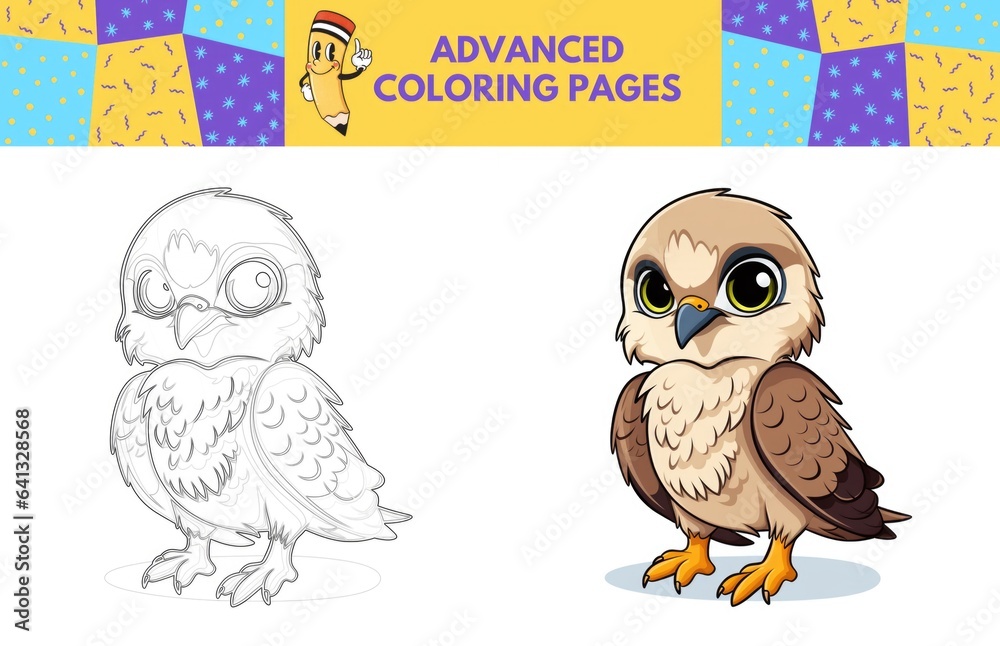 Fototapeta premium Falcon coloring page with colored example for kids. Coloring book