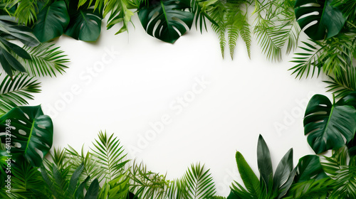 Flat lay of exotic tropical leaves on a white background.