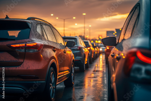 Fototapeta Traffic jam with a lot of cars on rainy evening