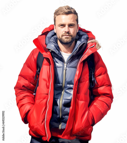 A man white background with a puffy jacket.