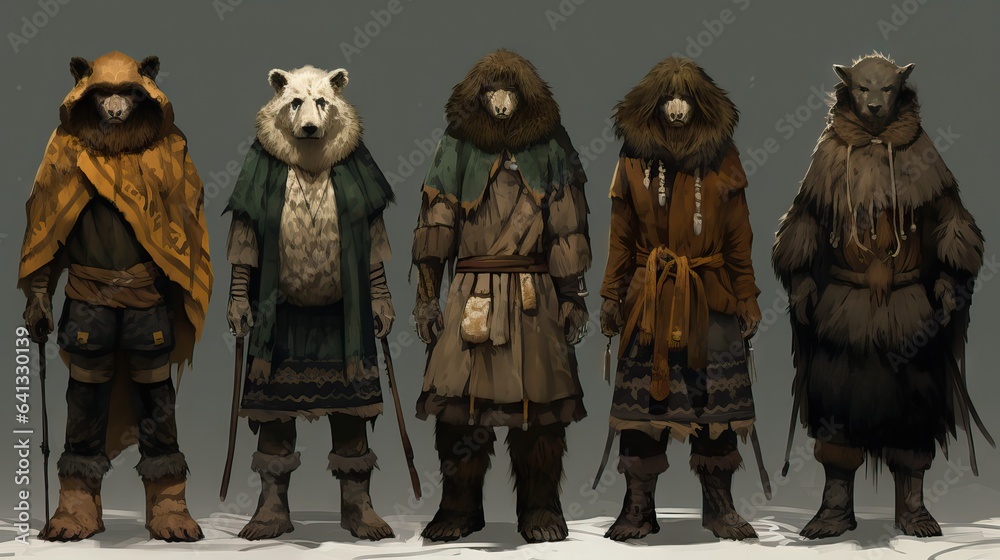 a set of traditional costumes from various ancient cultures and tribes ...