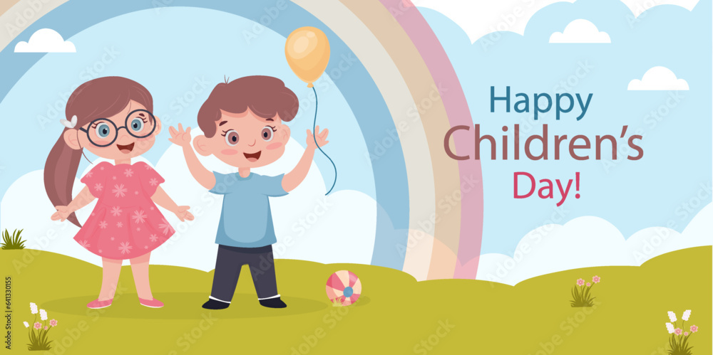 Happy children's day concept. Vector postcard or banner. Vector illustration of happy children in nature. Happy children's day concept. Vector postcard or banner. Vector illustration of happy children in nature.