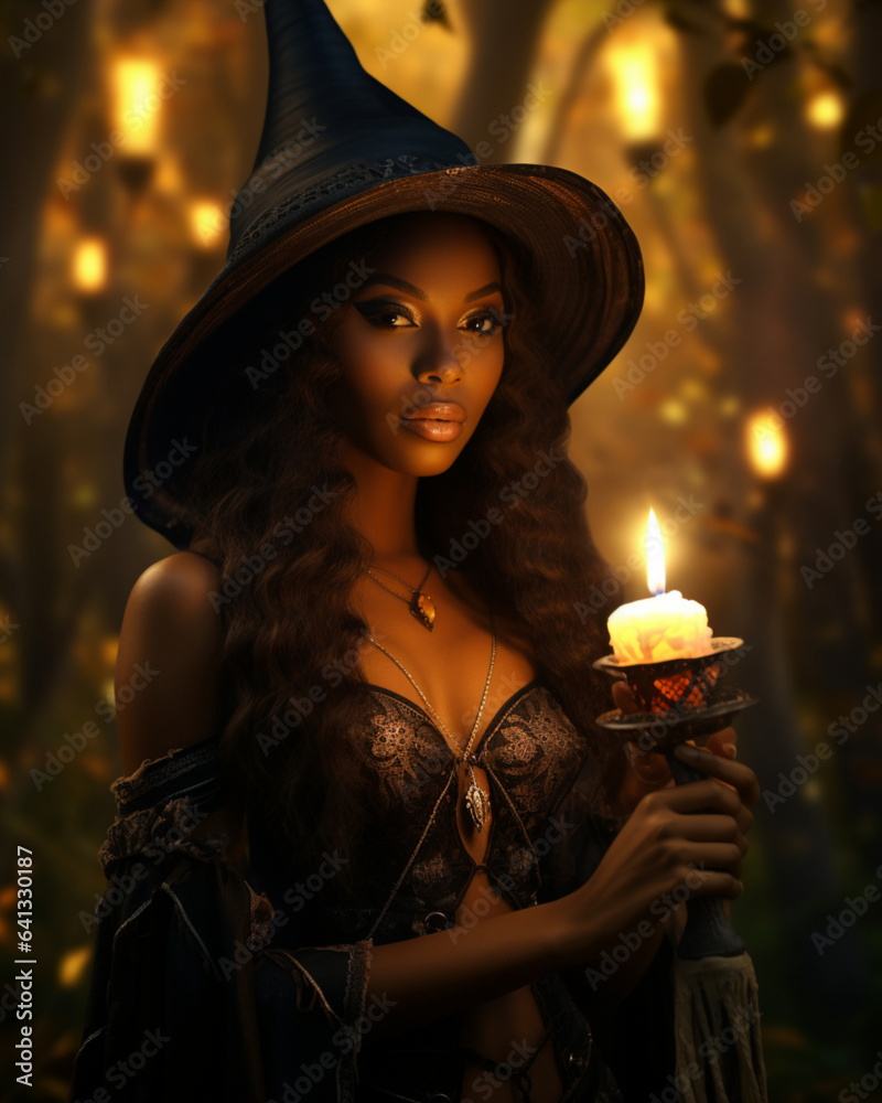 A beautiful mysterious african american witch holding a candle in a fairy night forest A beautiful mysterious african american witch holding a candle in a fairy night forest