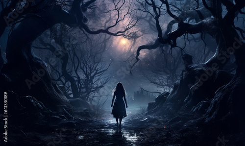 Fotografiet A beautiful mysterious witch walking in a fairy night forest