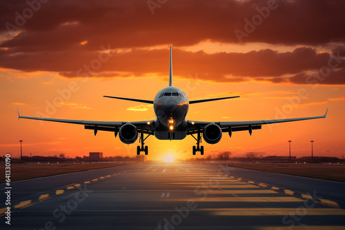 the plane lands on the runway against the background of sunset