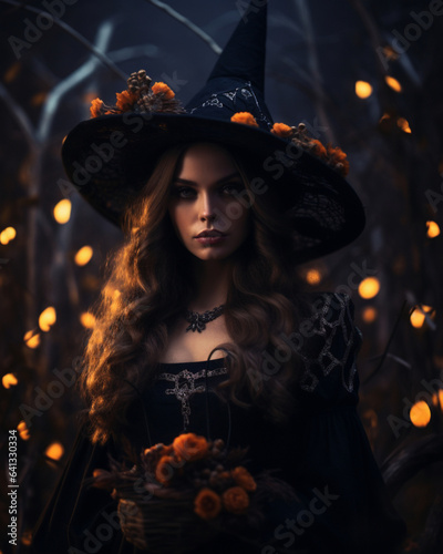 A beautiful mysterious witch in a fairy night forest