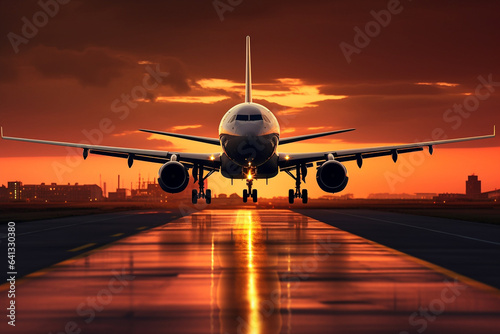the plane lands on the runway against the background of sunset