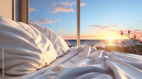 Smooth silk curtain adds elegance to bedroom. Generative AI.