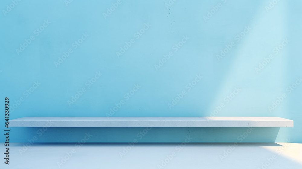empty shelf on a wall, White empty shelf on a light blue wall for product presentation empty shelf on a wall, White empty shelf on a light blue wall for product presentation