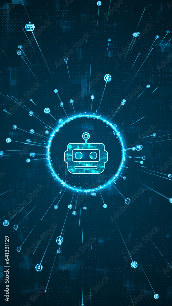 Blue digital robot head logo and AI icons rotation around with ai icons