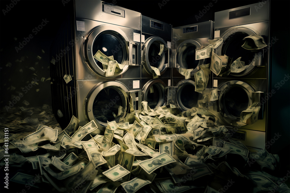 Flying money banknotes in a laundromat with washing machines, money laundering illustration concept - obrazy, fototapety, plakaty 