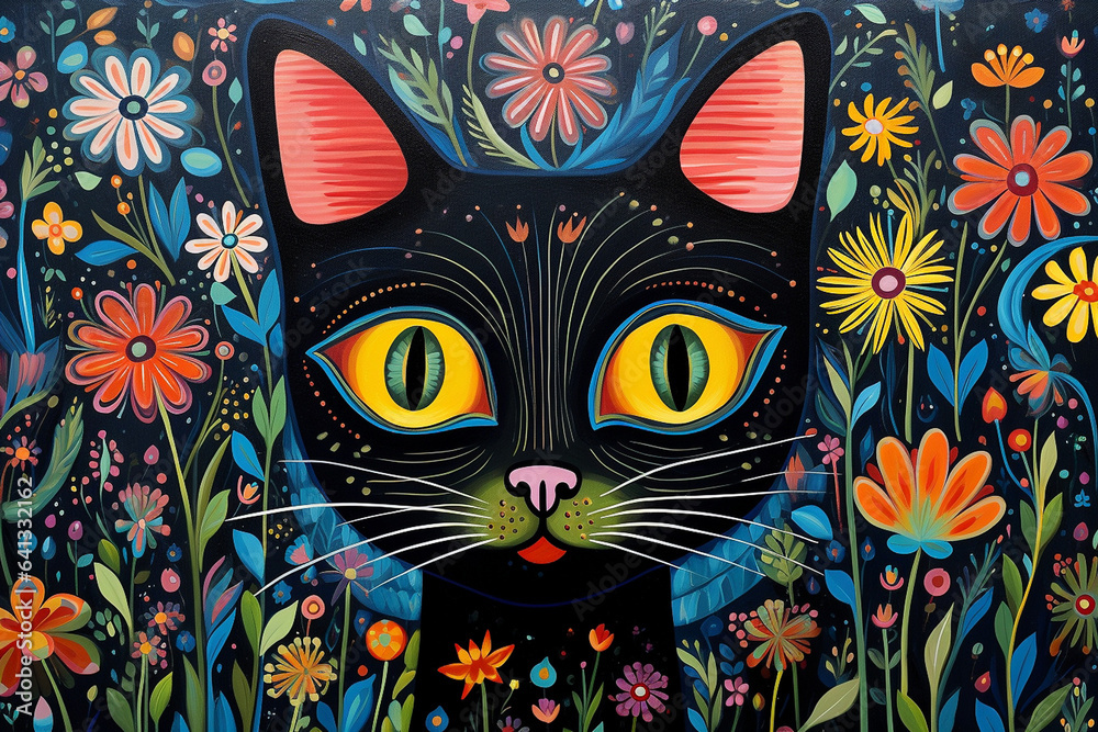 Fototapeta cat and flowers, naive art style