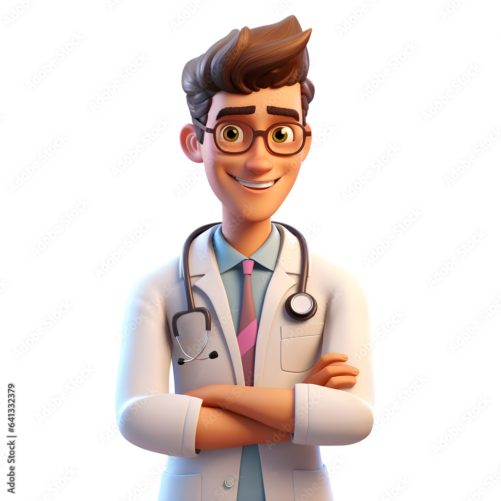 3d Young doctor wearing white coat with stethoscope around the neck isolated on transparent background, generative ai