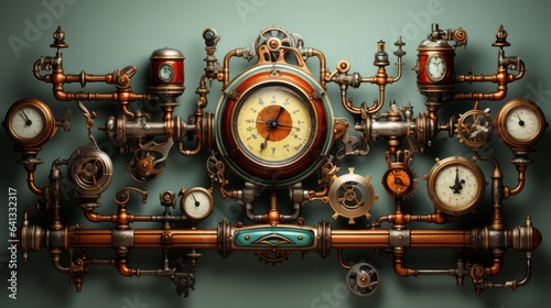 Steampunk vintage retro old pipes system. Generative AI.