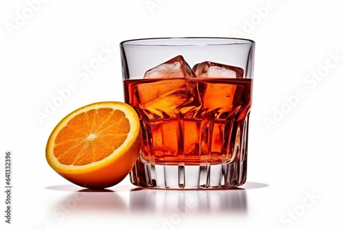 Glass of tasty alcoholic negroni cocktail with orange slice 