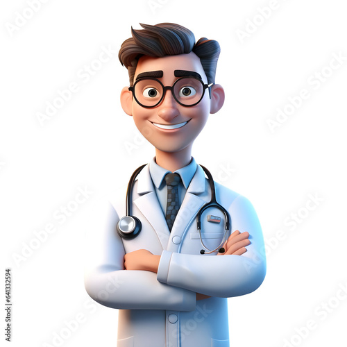 3d Young doctor wearing white coat with stethoscope around his neck, 3d doctor standing with crossed arms isolated on transparent background, generative ai