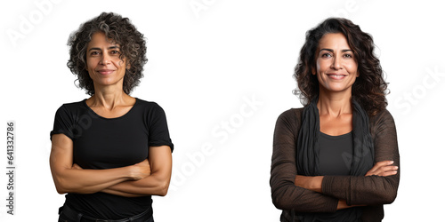 Brazilian woman in middle age standing with crossed arms in front on transparent background