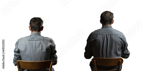 Casual man in denim shirt sitting on wooden chair in front of transparent background in studio viewed from behind photo