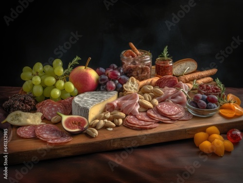 An artisanal charcuterie board filled with cured meats, artisanal cheeses, and a variety of fruits and nuts Food Photography