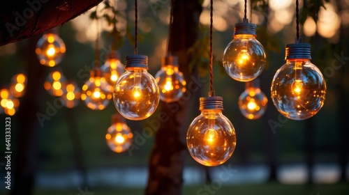 String of light bulbs hanging from a tree. Generative AI.