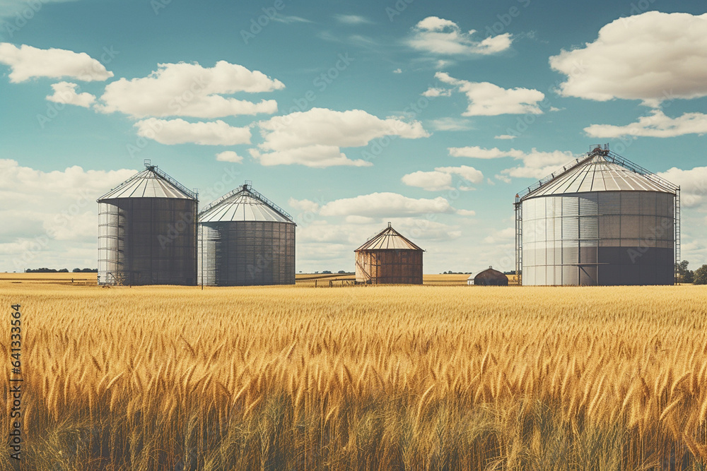 granary and wheat field, grain harvest - obrazy, fototapety, plakaty 