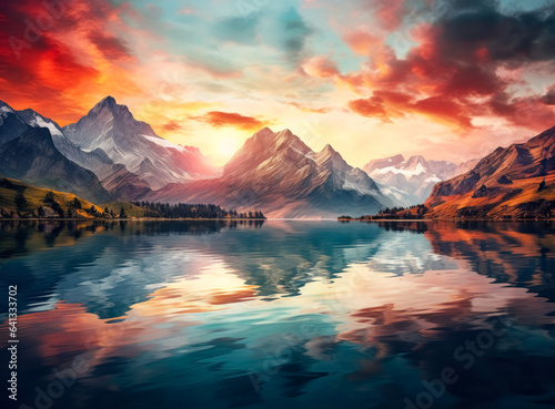 A lake is reflected by the mountains during sunrise, in the style of photo-realistic landscapes, swiss style.  © Saulo Collado