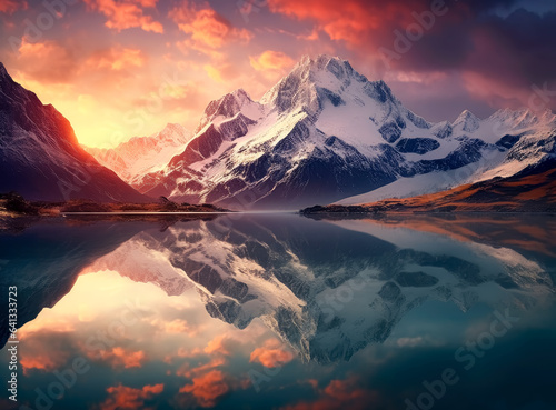 A lake is reflected by the mountains during sunrise, in the style of photo-realistic landscapes, swiss style. 