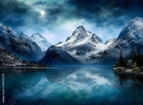 A lake is reflected by the mountains during sunrise, in the style of photo-realistic landscapes, swiss style. 