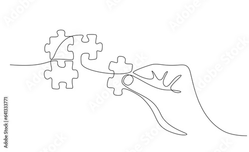 Continuous line drawing of hand solving puzzle pieces, jigsaw. One line drawing of hand connecting puzzle pieces. Business matching, teamwork concept, business metaphor of solving problem, strategy