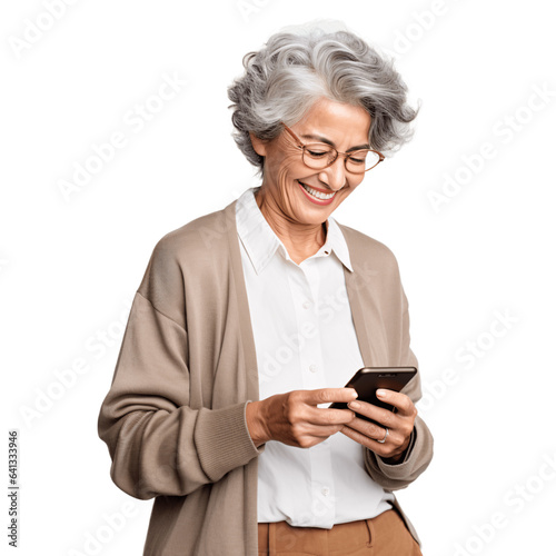 Elderly woman using her smartphone, internet, social media. Isolated on transparent background.