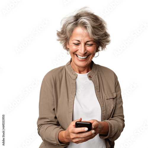 Elderly woman using her smartphone, internet, social media. Isolated on transparent background.