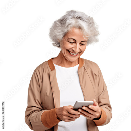 Elderly woman using her smartphone, internet, social media. Isolated on transparent background.
