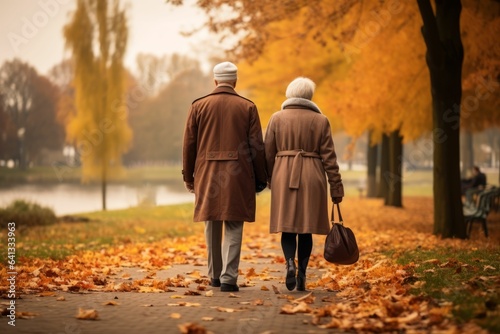 Senior couple walks on autumn park, back view. AI generated