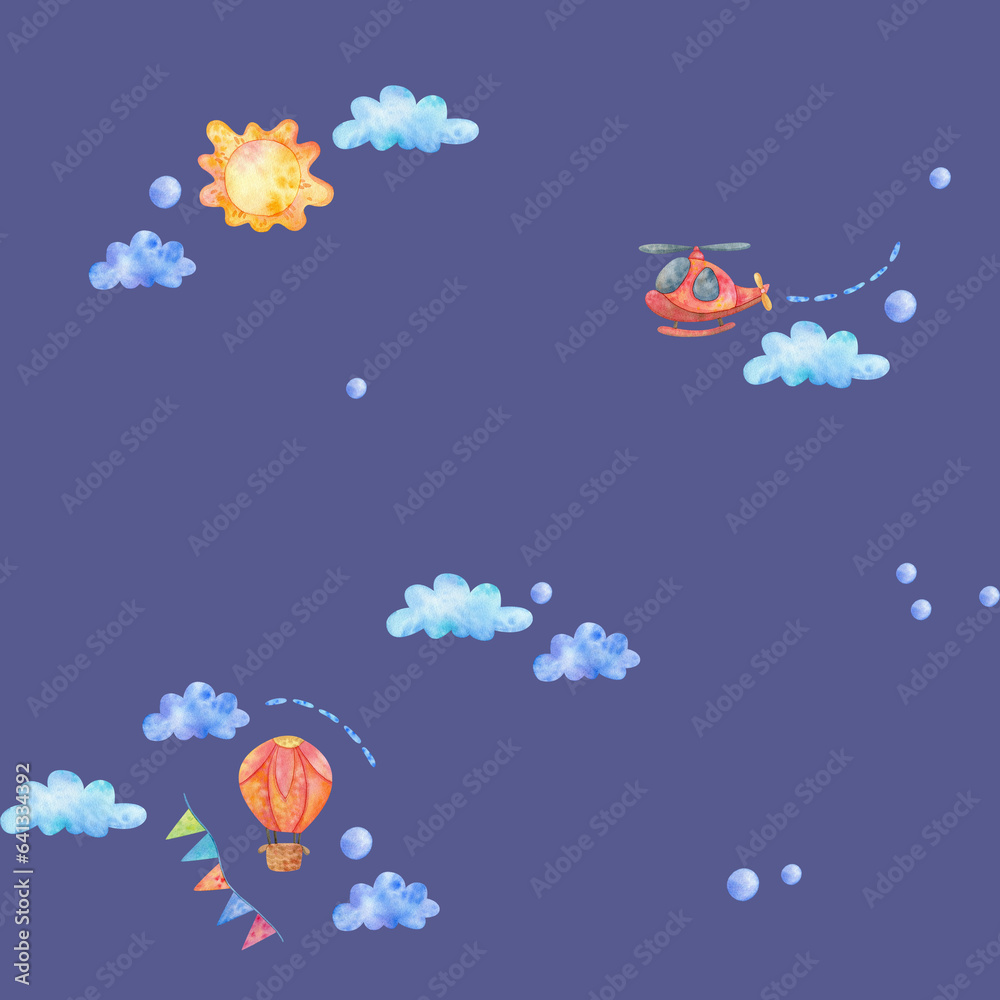 Watercolor seamless pattern, cartoon planes in the air Watercolor seamless pattern, cartoon planes in the air