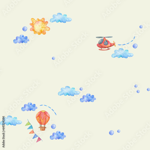 Watercolor seamless pattern  cartoon planes in the air