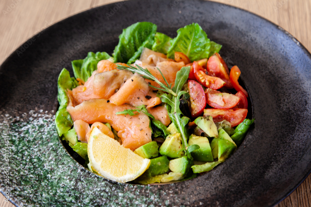 Smoked salmon salad with avocado, healthy food